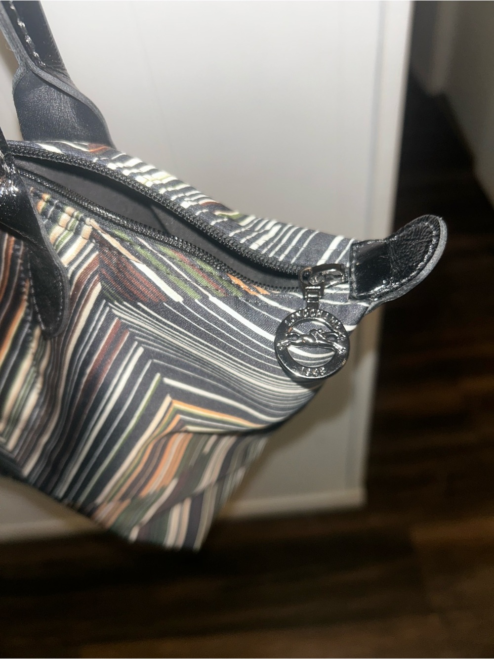 Longchamp Black Multicolor Geometric Stripe Satchel - Picture 3 of 8